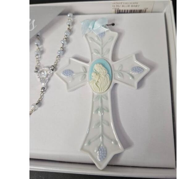 Rosary & Cross Baby VTG new Porcelain Faux Pearl Bead metal link Madonna & child - Picture 2 of 9